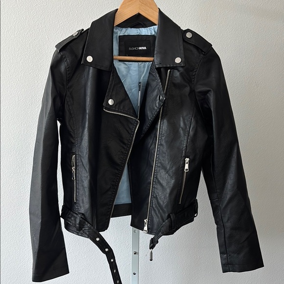 Fashion Nova Jackets & Blazers - NWT Fashion Nova Jacket L Black Faux Leather Moto Belt Y2K Cyberpunk Streetwear